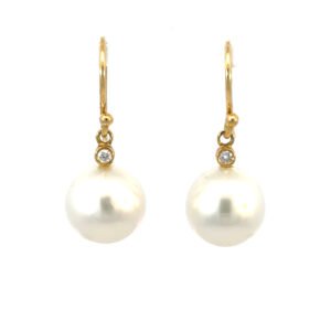 18K Yellow Gold Drop Earrings with South Sea Pearls 10mm-11mm and 2 Round Diamonds TDW 0.06 Carat