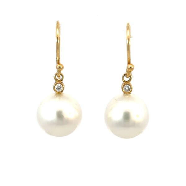 18K Yellow Gold Drop Earrings with South Sea Pearls 10mm-11mm and 2 Round Diamonds TDW 0.06 Carat