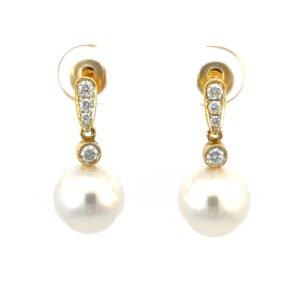 18K Yellow Gold Drop Earrings with South Sea Pearls 9mm-10mm and 8 Round Diamonds TDW 0.25 Carat