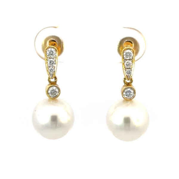 18K Yellow Gold Drop Earrings with South Sea Pearls 9mm-10mm and 8 Round Diamonds TDW 0.25 Carat