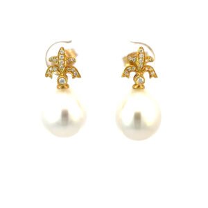 18K Yellow Gold Drop Earrings with South Sea Pearls 10mm-11mm and 30 Round Diamonds TDW 0.12 Carat