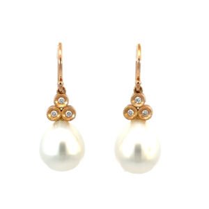 18K Rose Gold Drop Earrings with South Sea Pearls 10mm-11mm and 6 Round Diamonds TDW 0.09 Carat