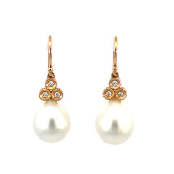 18K Rose Gold Drop Earrings with South Sea Pearls 10mm-11mm and 6 Round Diamonds TDW 0.09 Carat