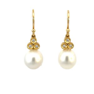 18K Yellow Gold Drop Earrings with South Sea Pearls 9mm-10mm and 6 Round Diamonds TDW 0.09 Carat
