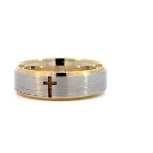 9K Two-toned Gold Ring with Engraved Cross