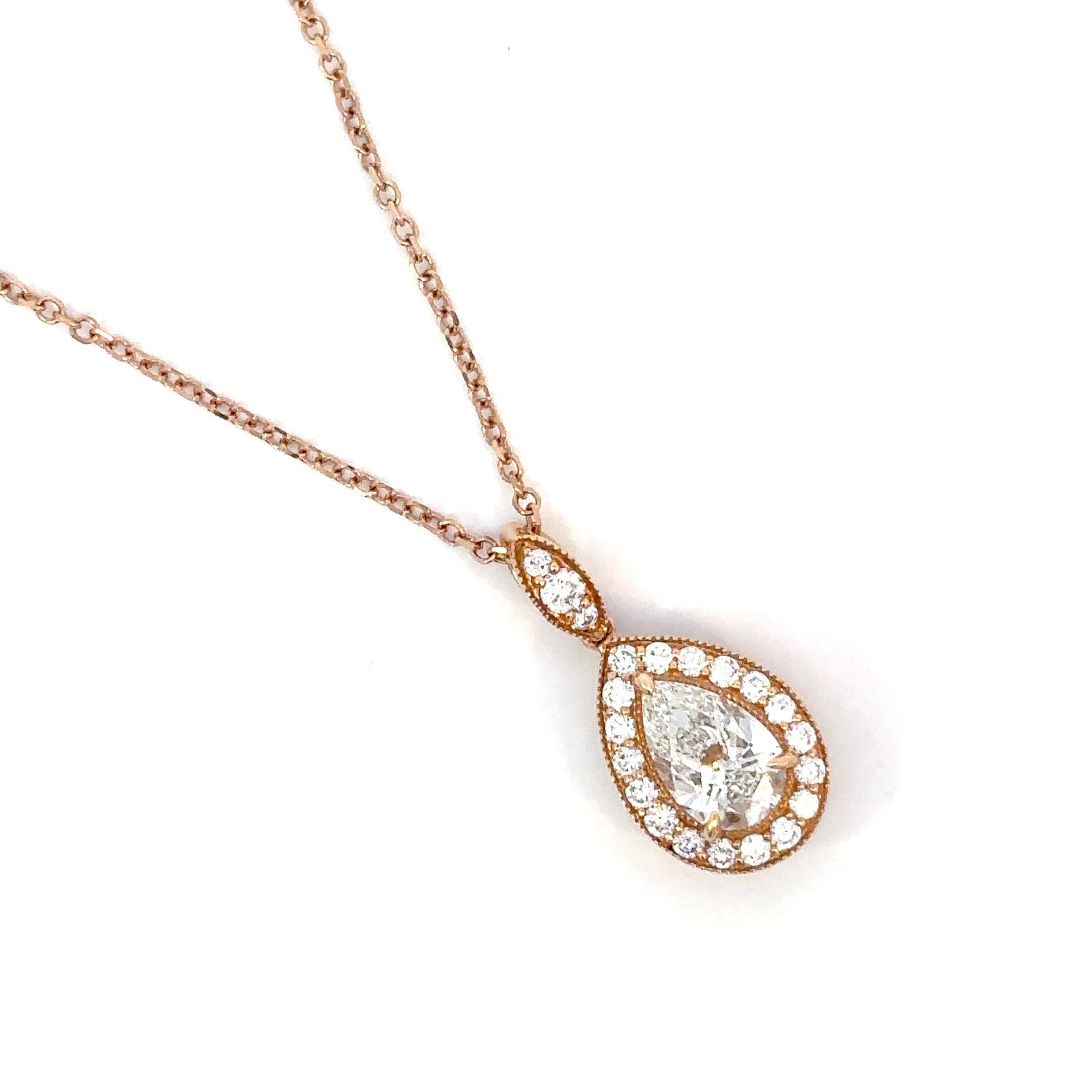 18K Rose Gold Pendant with Pear cut Lab Grown Diamond 1.02 Carat and 21 Round Lab Grown Diamonds TDW 0.37 Carat - Image 3