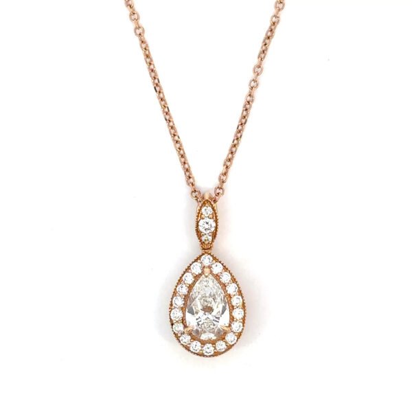 18K Rose Gold Pendant with Pear cut Lab Grown Diamond 1.02 Carat and 21 Round Lab Grown Diamonds TDW 0.37 Carat