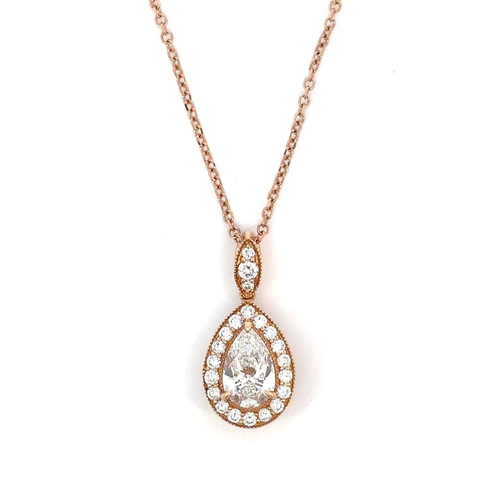18K Rose Gold Pendant with Pear cut Lab Grown Diamond 1.02 Carat and 21 Round Lab Grown Diamonds TDW 0.37 Carat