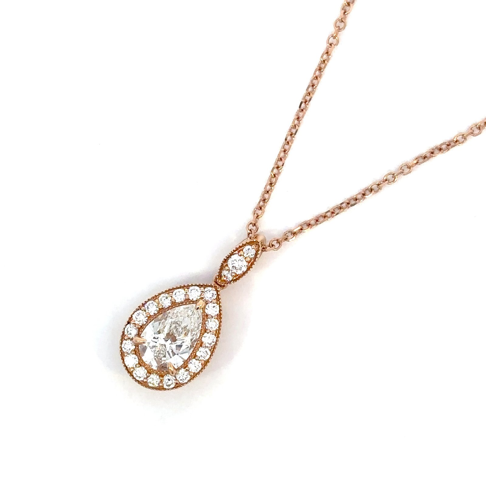 18K Rose Gold Pendant with Pear cut Lab Grown Diamond 1.02 Carat and 21 Round Lab Grown Diamonds TDW 0.37 Carat - Image 2