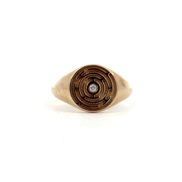 9K Yellow Gold Round Labyrinth Signet Ring with Diamond 0.02 Carat