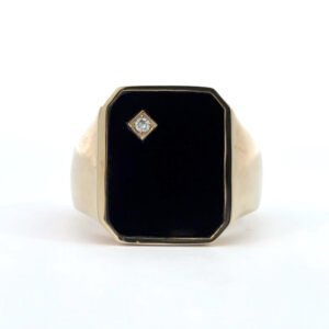 9K Yellow Gold Onyx Ring with Round Diamond 0.01 Carat