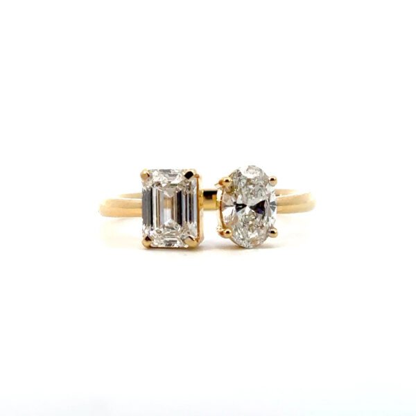 18K Yellow Gold Ring with Lab Grown Oval and Emerald Cut Diamonds TDW 1.75 Carat