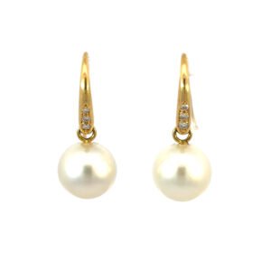 18K Yellow Gold Hook Earrings with South Sea Pearls 10mm-11mm and 6 Round Diamonds TDW 0.10 Carat