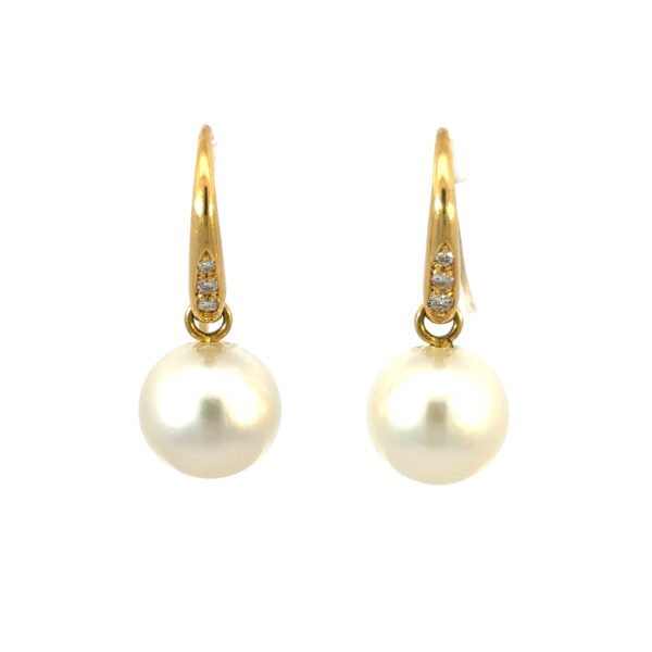 18K Yellow Gold Hook Earrings with South Sea Pearls 10mm-11mm and 6 Round Diamonds TDW 0.10 Carat