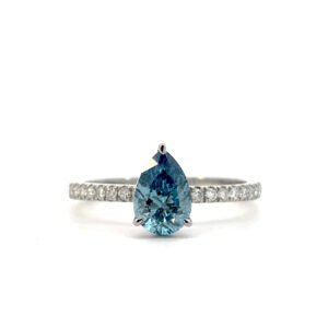 Platinum Ring with Lab Grown Pear cut Blue Diamond 1.0 Carat and 20 Round White Diamonds TDW 0.19 Carat