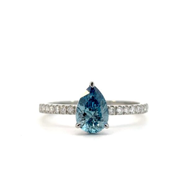 Platinum Ring with Lab Grown Pear cut Blue Diamond 1.0 Carat and 20 Round White Diamonds TDW 0.19 Carat