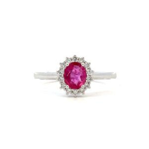 14K White Gold Ring with Oval Pink Sapphire 0.48 Carat and 14 Round Diamonds TDW 0.17 Carat