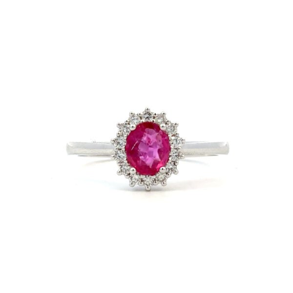 14K White Gold Ring with Oval Pink Sapphire 0.48 Carat and 14 Round Diamonds TDW 0.17 Carat