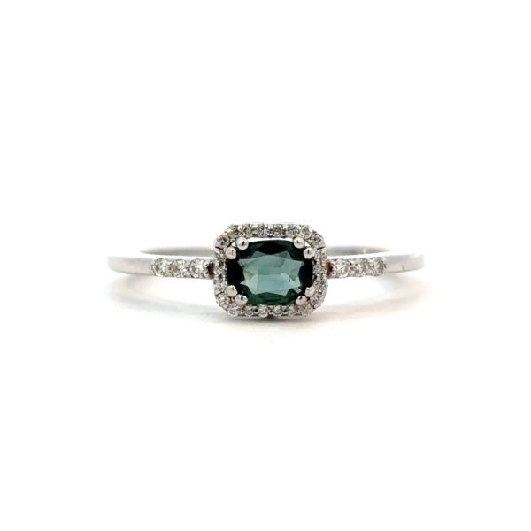 14K White Gold Ring with Oval Sapphire 0.41 Carat and 28 Round Diamonds TDW 0.13 Carat