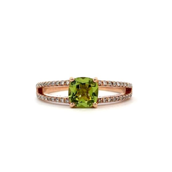 9K Rose Gold Ring with Peridot 0.85 Carat and Diamonds TDW 0.18 Carat