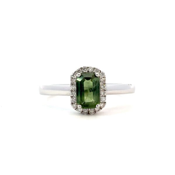 18K White Gold Ring with Green Sapphire 0.86 Carat and 20 Round Diamonds 0.11 Carat