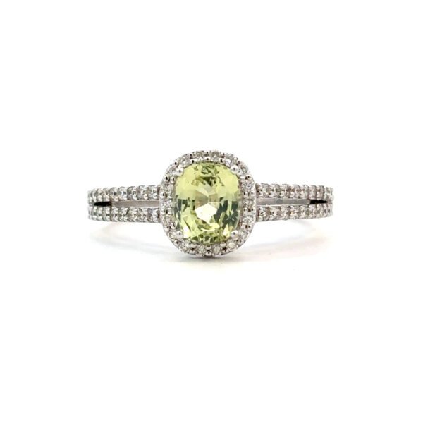 18K White Gold Ring with Green Sapphire 1.06 Carat and 62 Lab Grown Diamonds 0.33 Carat