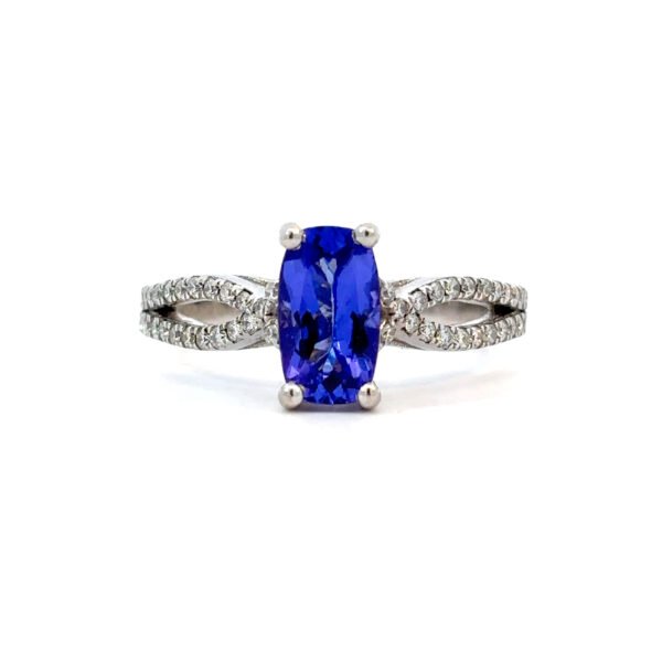 14K White Gold Ring with Tanzanite 1.23 Carat and 50 Round Diamonds TDW 0.29 Carat