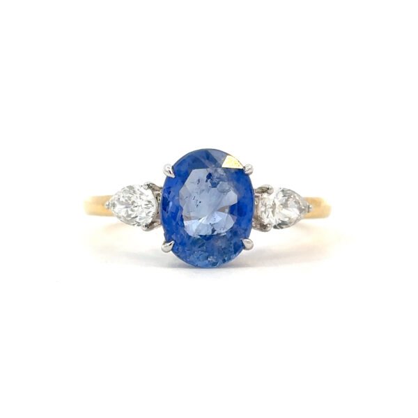 18K Yellow and White Gold Ring with Oval Sapphire 2.68ct and 2 Lab Grown Pear Diamonds
