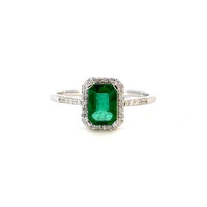 18K White Gold Ring with Zambian Emerald 0.93ct and 36 Diamonds TDW 0.11ct