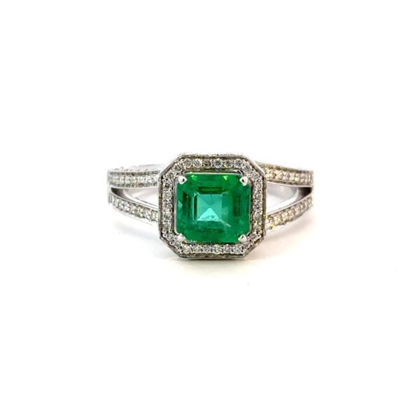 18K White Gold Ring with Zambian Emerald 1.21ct and 168 Diamonds TDW 0.44ct