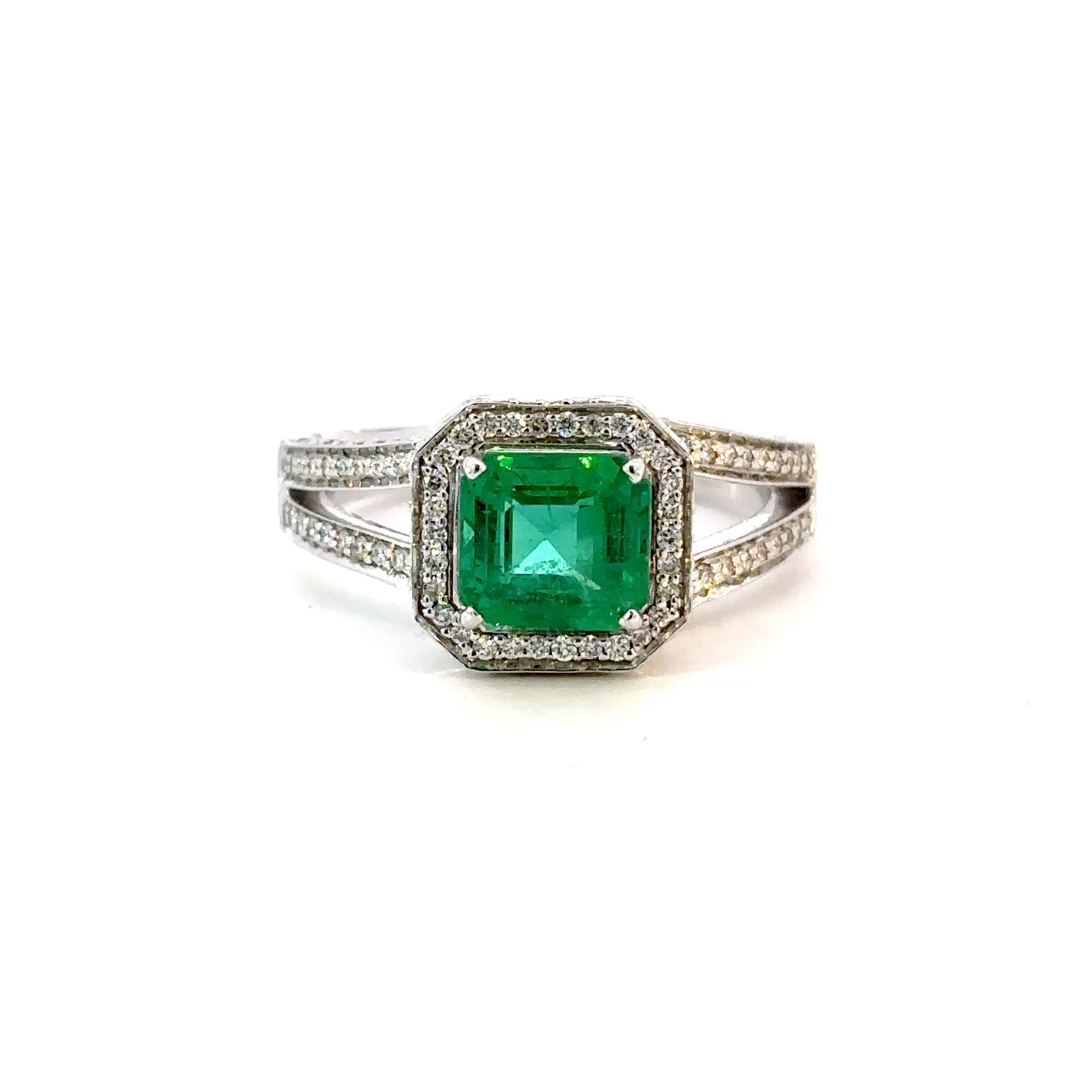 18K White Gold Ring with Zambian Emerald 1.21ct and 168 Diamonds TDW 0.44ct