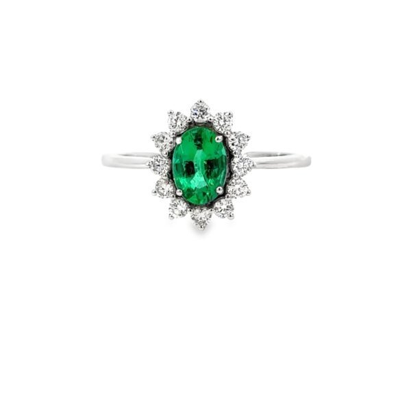 18K White Gold Ring with Oval Zambian Emerald 0.66ct and 12 Round Diamonds TDW 0.31ct