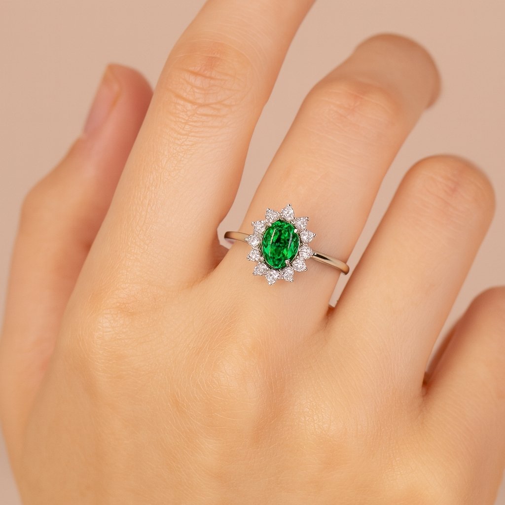 18K White Gold Ring with Oval Zambian Emerald 0.66ct and 12 Round Diamonds TDW 0.31ct - Image 4