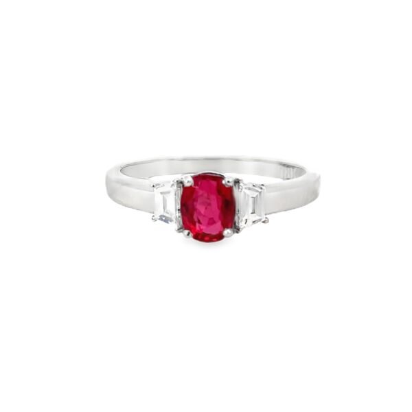 18K White Gold Ring with No Heat Ruby 1.06ct and 2 Baguette cut Diamonds TDW 0.23ct