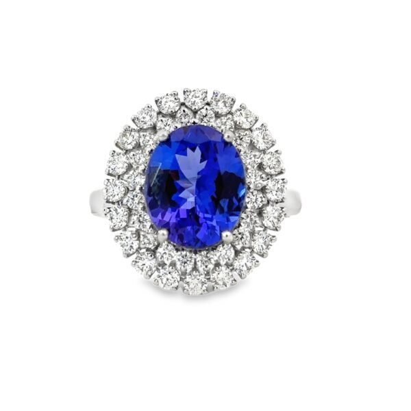 18K White Gold Ring with Oval Tanzanite 3.55ct and 40 Round Diamonds TDW 1.06ct
