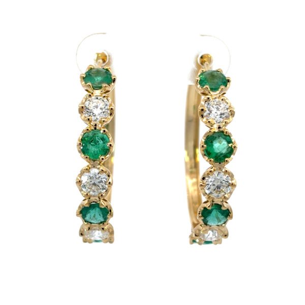18K Yellow Gold Hoop Earrings Emeralds 2.08 Carat, Diamonds 1.80 Carat