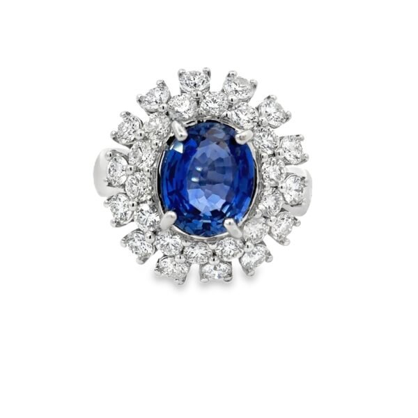 18K White Gold Ring Oval Ceylon Sapphire 3.75 Carat with 28 Round Diamonds TDW 2.26 Carat