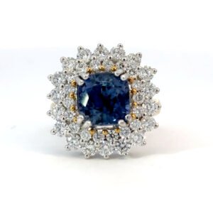 18K White Gold Ring Cushion cut Ceylon Sapphire 5.91 Carat with 36 Round Diamonds TDW 2.02 Carat