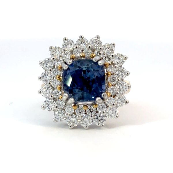 18K White Gold Ring Cushion cut Ceylon Sapphire 5.91 Carat with 36 Round Diamonds TDW 2.02 Carat