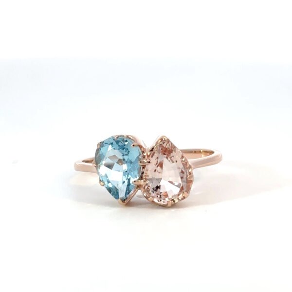 9K Rose Gold Ring with Pear cut Aquamarine 1.08 Carat and Morganite 1.01 Carat