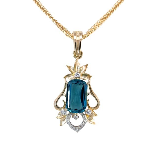 9K Yellow Gold Pendant with London Topaz 8.07 Carat and Diamonds TDW 0.26 Carat