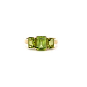 9K Yellow Gold Ring with 3 Emerald cut Peridots TCW 2.65 Carat