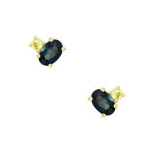 9K Yellow Gold Toi Et Moi Earrings with 2 Oval Blue Sapphires TCW 1.19 Carat and 2 Round Yellow Sapphires TCW 0.16 Carat