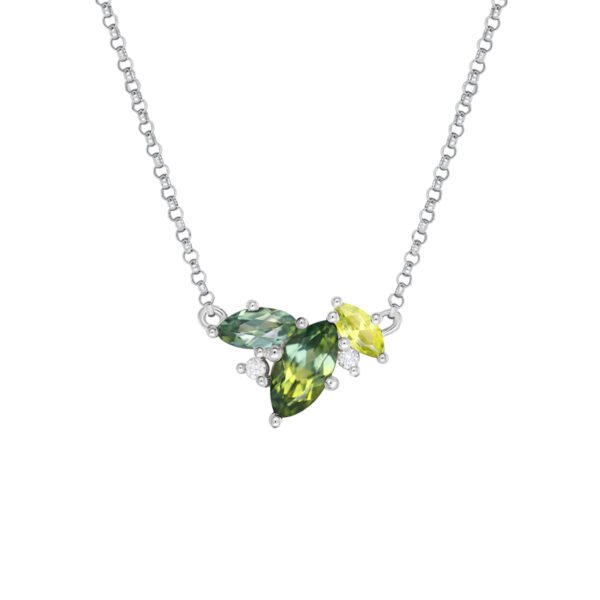 18K White Gold Necklace Three Multicoloured Sappphires 1.22ct and 0.03ct Diamonds 45cm