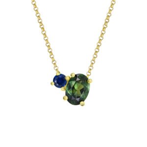 9K Yellow Gold Necklace with Blue Sapphire 0.13ct and Teal Sappphire 0.88ct 45cm