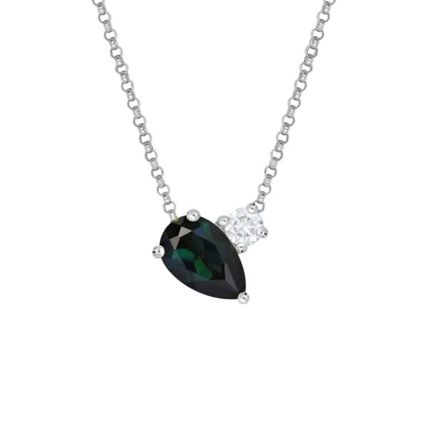 18K White Gold Necklace With 1 Pear Sappphire 0.76ct And 1 Round Diamond 0.10ct F/VS 40cm