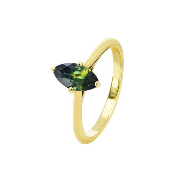 9K Yellow Gold Ring with Teal Marquise cut Sapphire 0.92 Carat