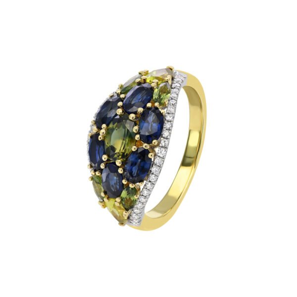 18K Yellow and White Gold Ring with 13 Multicoloured Sapphires 3.19ct and 46 Round Diamonds TDW 0.23ct