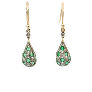 9K Yellow Gold Hook Earrings with Emeralds TCW 0.85 Carat and Diamonds TDW 0.34 Carat