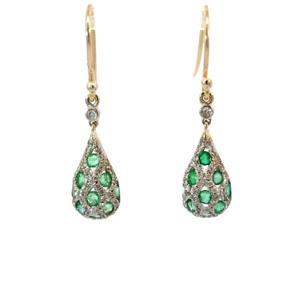 9K Yellow Gold Hook Earrings with Emeralds TCW 0.85 Carat and Diamonds TDW 0.34 Carat